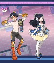 Rule 34 | 1boy, 1girl, alternate costume, black hair, blue footwear, boots, championship belt, clenched hands, closed mouth, commentary, copyright name, creatures (company), dawn (pokemon), dreambig, dress, english commentary, eyelashes, facepaint, flexing, game freak, grey eyes, grin, hair ornament, hands up, high heels, highres, leg up, leggings, long hair, lucas (pokemon), nintendo, orange footwear, outline, pantyhose, pokemon, pokemon dppt, screenshot inset, short hair, sidelocks, smile, standing, teeth, topless male, watermark, white pantyhose, wristband