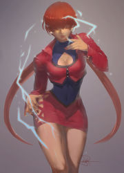 Rule 34 | 1girl, breasts, cleavage, cleavage cutout, clothing cutout, cropped jacket, duck face, earrings, electricity, female focus, gradient background, hair over eyes, highres, jewelry, large breasts, lipstick, long hair, makeup, miniskirt, orochi, orochi shermie, red hair, shermie (kof), skirt, solo, spade-m, the king of fighters, twintails