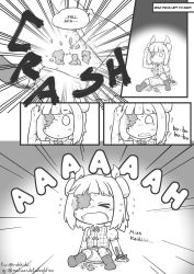 Rule 34 | &gt; &lt;, 1girl, armor, armored dress, breasts, broken, chibi, closed eyes, comic, commentary, cracked skin, crying, crying with eyes open, double bun, dress, english commentary, english text, full body, greyscale, hair bun, hair ribbon, hand on ground, hand on head, haniwa (statue), highres, instagram username, joutouguu mayumi, monochrome, open mouth, puffy short sleeves, puffy sleeves, rakkidei, ribbon, shirt, short hair, short sleeves, sitting, small breasts, spanish commentary, tears, torn clothes, touhou, twitter username