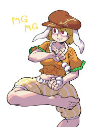 Rule 34 | 1girl, absurdres, animal ears, barefoot, blonde hair, breasts, brown hat, cabbie hat, commentary, dango, eddybird55555, english commentary, food, hat, highres, holding, holding food, looking to the side, medium breasts, mg mg, orange shirt, parted lips, rabbit ears, red eyes, ringed eyes, ringo (touhou), shirt, short hair, short sleeves, shorts, simple background, solo, striped clothes, striped shorts, touhou, vertical-striped clothes, vertical-striped shorts, wagashi, white background, yellow shorts