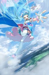 Rule 34 | 1girl, absurdres, bare shoulders, blue eyes, cloud, cure sky, dress, dutch angle, fingerless gloves, floating hair, gloves, head wings, highres, hirogaru sky! precure, looking at viewer, magical girl, open mouth, precure, shimashima (shimashima 4444), sky, sleeveless, sleeveless dress, smile, solo, sora harewataru, thighhighs, twintails, white thighhighs, wings