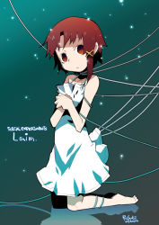 Rule 34 | 1990s (style), 1girl, aqua background, brown eyes, brown hair, cable, chemise, copyright name, dress, female focus, full body, gradient background, hair ornament, hairclip, hamamoto ryuusuke, iwakura lain, kneeling, reflection, retro artstyle, serial experiments lain, simple background, solo