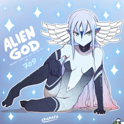 Rule 34 | 1girl, blue eyes, blue hair, blue skin, colored skin, english text, fate/grand order, fate (series), pointy ears, priestess of the alien god (fate), srgrafo