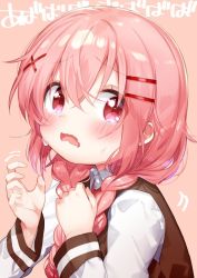 Rule 34 | 10s, 1girl, blush, braid, comic girls, commentary request, fang, hair between eyes, hair ornament, hair over shoulder, hairclip, long hair, long sleeves, low twintails, moeta kaoruko, open mouth, pink hair, red eyes, solo, tears, tousaki shiina, twin braids, twintails, upper body, x hair ornament