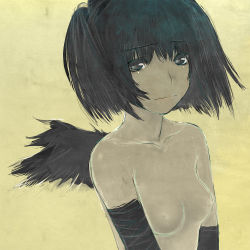 Rule 34 | 1girl, bad id, bad pixiv id, bandages, breasts, female focus, from side, gradient background, nimirom, nipples, nude, original, small breasts, solo, standing, wings