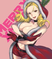 Rule 34 | 1girl, alternate costume, antenna hair, arm tattoo, black choker, blonde hair, breasts, capcom, choker, christmas, cleavage, fighting stance, forehead, fur trim, gloves, highres, holly, jacket, kanzuki karin, kurone rinka, large breasts, looking at viewer, midriff, navel, open clothes, open jacket, orange eyes, red gloves, red hood, red shorts, ringlets, short shorts, shorts, sleeveless, sleeveless jacket, smile, solo, street fighter, street fighter v, tattoo