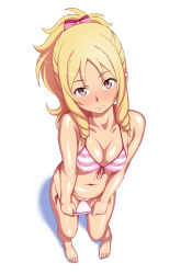 Rule 34 | 1girl, absurdres, bare arms, bare legs, barefoot, bikini, bikini pull, bikini tan, blonde hair, blush, bow, breasts, cleavage, clitoris, closed mouth, clothes pull, collarbone, drill hair, eromanga sensei, feet, female focus, flashing, from above, front-tie bikini top, front-tie top, full body, hair bow, halterneck, head tilt, highres, looking at viewer, navel, parted bangs, pink bikini, pointy ears, ponytail, pulling own clothes, purple eyes, pussy, pussy peek, shadow, side-tie bikini bottom, simple background, skindentation, solo, standing, string bikini, striped bikini, striped clothes, swimsuit, tan, tanline, twin drills, wedgie, white background, yamada elf, yanagi hirohiko