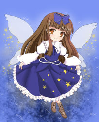 Rule 34 | 1girl, boots, bow, brown eyes, brown hair, cross-laced footwear, curtsey, dress, female focus, hair bow, lace-up boots, lefty 2628, long hair, ribbon, smile, solo, star sapphire, touhou, wings
