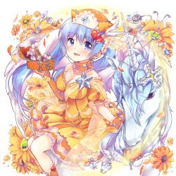 Rule 34 | 1girl, blue eyes, blue hair, blush, breasts, cleavage, collarbone, detached sleeves, dress, earrings, flower, hair ornament, hat, heart, heart hair ornament, highres, holding, jewelry, long hair, looking at viewer, medium breasts, nurse cap, open mouth, orange dress, pill, potion, riding, solo, stethoscope, transparent background, unicorn, wing hair ornament, wrist cuffs