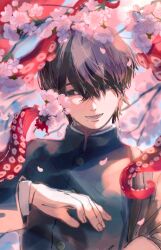 Rule 34 | 1boy, black eyes, black hair, chainsaw man, cherry blossoms, day, falling petals, flower, hair between eyes, highres, looking to the side, male focus, mole, mole under mouth, outdoors, petals, pink flower, school uniform, short hair, smile, solo, tentacles, thicopoyo, upper body, yoshida hirofumi
