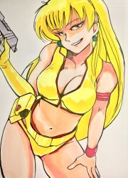 Rule 34 | 1girl, blonde hair, breasts, cleavage, cosplay, crossover, dirty pair, gun, gundam, hand on own thigh, highres, holding, holding gun, holding weapon, k1y054, katejina loos, looking to the side, marker (medium), midriff, navel, solo, traditional media, victory gundam, weapon, white background, yellow eyes, yuri (dirty pair), yuri (dirty pair) (cosplay)