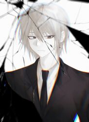 Rule 34 | 1other, androgynous, black suit, blonde hair, broken mirror, crystal earrings, earrings, formal, highres, hunter x hunter, jewelry, kurapika, looking at viewer, mirror, necktie, oi0pio, red eyes, reflection, shirt, short hair, simple background, solo, suit, upper body, white background, white shirt