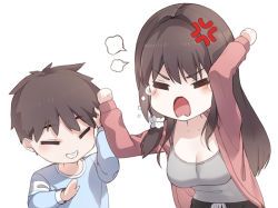 Rule 34 | 1boy, 1girl, = =, anger vein, angry, black shorts, blue shirt, blush, breasts, brother and sister, brown eyes, brown hair, camisole, cleavage, closed eyes, collarbone, commentary request, crying, grey camisole, grin, hair intakes, hair ornament, hair scrunchie, jacket, kfr, large breasts, laughing, long hair, long sleeves, open clothes, open jacket, original, red jacket, scrunchie, shirt, short hair, shorts, siblings, sidelocks, smile, upper body, v-shaped eyebrows, wavy mouth, white background