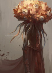 Rule 34 | 1other, arms at sides, artist name, bloodborne, blue eyes, brain, commentary, cowboy shot, extra eyes, facing to the side, from side, highres, jlien-, long sleeves, looking at viewer, solo, standing, tentacles, winter lantern