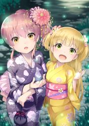 Rule 34 | 2girls, blonde hair, bow, bracelet, commentary, commentary request, day, fingernails, floral print, flower, green eyes, hair bow, hair flower, hair ornament, highres, holding, idolmaster, idolmaster cinderella girls, japanese clothes, jewelry, jougasaki mika, jougasaki rika, kimono, long hair, long sleeves, multiple girls, nail polish, obi, orange eyes, outdoors, partial commentary, pink bow, pink flower, pink hair, pink nails, print kimono, purple kimono, revision, rin2008, sash, siblings, side ponytail, sisters, standing, striped, striped bow, two side up, very long hair, wide sleeves, yellow kimono