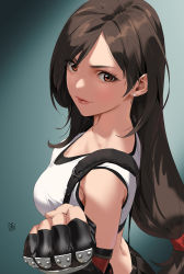 Rule 34 | 1girl, bare shoulders, black gloves, blush, breasts, brown eyes, brown hair, cleavage, clenched hand, closed mouth, collarbone, earrings, elbow gloves, final fantasy, final fantasy vii, fingerless gloves, gloves, highres, jewelry, large breasts, long hair, looking at viewer, low-tied long hair, smile, solo, suspenders, tank top, tifa lockhart, white tank top, yd (orange maru)