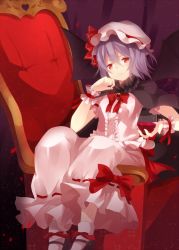 Rule 34 | 1girl, alcohol, bad id, bad pixiv id, bat wings, cape, chair, cup, cupping glass, dress, drinking glass, female focus, hat, hat ribbon, looking at viewer, marotti, mary janes, purple hair, red eyes, red upholstery, remilia scarlet, ribbon, shoes, short hair, sitting, solo, touhou, white legwear, wine, wine glass, wings, wrist cuffs