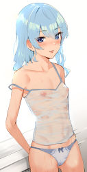 Rule 34 | 1girl, absurdres, arms behind back, blue eyes, blue hair, blue panties, bow, bow panties, breasts, cameltoe, camisole, cleft of venus, hair between eyes, hcz n, highres, hololive, hoshimachi suisei, leaning on object, looking at viewer, medium hair, nipples, panties, see-through, see-through shirt, shirt, sidelocks, small breasts, solo, star (symbol), star in eye, strap slip, sweat, symbol in eye, tongue, tongue out, underwear, virtual youtuber, wet, wet clothes, wet shirt, white camisole