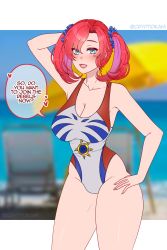 Rule 34 | 1girl, absurdres, arm behind head, beach, blue eyes, breasts, cleavage, digimon, digimon story: cyber sleuth, english text, hand on own hip, highres, large breasts, shiramine nokia, solo, swimsuit, twintails