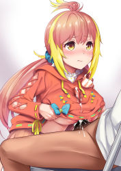 Rule 34 | 1boy, 1girl, nanashi inc., animare, blank censor, blonde hair, blush, breasts squeezed together, breasts, brown skirt, censored, cum, cum in clothes, cum on clothes, ejaculation, ejaculation under clothes, green scrunchie, henria, hetero, highres, hira hikari, hood, hoodie, large breasts, long hair, long sleeves, low twintails, multicolored hair, nipples, orange hair, orange hoodie, paizuri, paizuri under clothes, penis, pout, scrunchie, skirt, solo focus, tears, twintails, virtual youtuber, yellow eyes