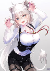 Rule 34 | 1girl, absurdres, ahoge, animal ears, black nails, black shorts, blue eyes, bolo tie, breasts, claw pose, collared shirt, commentary, english commentary, fangs, fingernails, garter belt, garter straps, grey background, hair between eyes, harness, head tilt, highres, hololive, large breasts, leaning forward, lion ears, lion girl, lion tail, long hair, long sleeves, looking at viewer, nail polish, narrowed eyes, nemu iine, open mouth, pantyhose, sharp fingernails, shirt, shishiro botan, shishiro botan (button-down), shorts, silver hair, smile, solo, standing, tail, v-shaped eyebrows, very long hair, virtual youtuber, white shirt