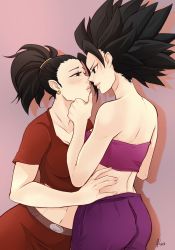 Rule 34 | 10s, 2girls, absurdres, bare shoulders, black eyes, black hair, breasts, caulifla, crop top, dragon ball, dragon ball super, earrings, eye contact, eyelashes, giulia valeriani, grabbing another&#039;s chin, half-closed eyes, hand on another&#039;s chin, highres, imminent kiss, jewelry, kale (dragon ball), lips, looking at another, medium breasts, midriff, multiple girls, ponytail, single hair intake, spiked hair, strapless, tube top, yuri