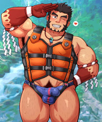 Rule 34 | 1boy, arm hair, armpit hair, armpits, bara, blue male swimwear, blue swim briefs, blush, bulge, chest hair, colored skin, erection, erection under clothes, feet out of frame, hachimaki, headband, heart, highres, jewelry, large pectorals, leg hair, life vest, long sideburns, magatama, magatama necklace, male focus, male pubic hair, male swimwear, mature male, midriff peek, muscular, muscular male, navel, navel hair, necklace, nejiri hachimaki, nipples, official alternate costume, one eye closed, pectoral cleavage, pectorals, pubic hair, pubic hair peek, red skin, salute, short hair, sideburns, sidepec, solo, spoken heart, swim briefs, swimsuit, tajikarao (housamo), thick eyebrows, thick thighs, thighs, tokyo houkago summoners, vert cypres, wet