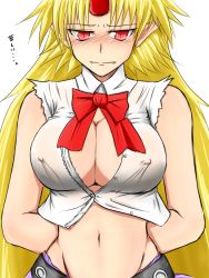 Rule 34 | 1girl, arms behind back, ashcape, blonde hair, blush, breasts, bursting breasts, cleavage, cosplay, embarrassed, covered erect nipples, fang, fangs, female focus, highres, horns, hoshiguma yuugi, ibuki suika, ibuki suika (cosplay), large breasts, midriff, nipples, open clothes, open shirt, red eyes, shirt, single horn, solo, touhou, undersized clothes