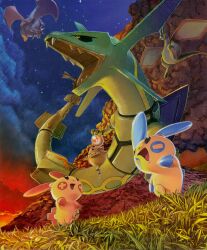 Rule 34 | absurdres, arita mitsuhiro, cloud, creatures (company), dated, dragon, dragon tail, dragon wings, fang, fangs, flygon, game freak, gen 3 pokemon, grass, happy, highres, jumping, legendary pokemon, logo, looking at another, looking up, minun, nature, nintendo, no humans, official art, open mouth, plusle, pokemon, pokemon (creature), pokemon tcg, rayquaza, salamence, skin fang, spoink, tail, walking, wings