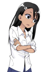 Rule 34 | 1girl, 774 (nanashi), @ @, blue skirt, collared shirt, crossed arms, fang, ijiranaide nagatoro-san, nagatoro hayase, parted lips, popped collar, shaded face, shirt, simple background, skin fang, skirt, sleeves rolled up, solo, standing, white background, white shirt, wide-eyed, wing collar