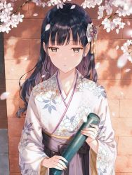 Rule 34 | 1girl, black hair, blunt bangs, blush, cherry blossoms, commentary request, diploma, falling petals, floral print, green eyes, hair ornament, hime cut, hiten (hitenkei), holding, japanese clothes, kimono, long hair, looking to the side, obi, open mouth, original, petals, sash, wall, wavy hair, yukata