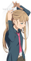 Rule 34 | 1girl, adjusting hair, aged up, arm up, bad id, bad pixiv id, blush, brown hair, copyright name, elle mel marta, green eyes, hair tie, hand in own hair, highres, long sleeves, mouth hold, necktie, shirt, solo, tales of (series), tales of xillia, tales of xillia 2, tying hair, umishima senbon, white background, wing collar