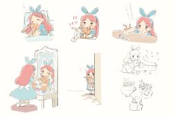 Rule 34 | 1girl, ;), afterimage, alicia (pop&#039;n music), back bow, basket, blanket, blue bow, blue dress, blush stickers, bow, closed eyes, cup, dress, facing away, flower, green eyes, hair bow, hairband, holding, holding stuffed toy, in container, in cup, instrument, jitome, kneeling, leoharju, long hair, lying, mirror, multiple views, music, no shoes, on bed, on side, one eye closed, oversized object, partially colored, peeking out, piano, pillow, pink hair, plaid, playing instrument, pop&#039;n music, reflection, saucer, short sleeves, simple background, sleeping, smile, stuffed animal, stuffed rabbit, stuffed toy, table, teacup, thighhighs, translation request, under covers, vanity table, white bow, white thighhighs, zettai ryouiki