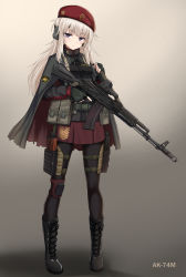 Rule 34 | 1girl, ak-74m, ak74m (girls&#039; frontline), ammunition pouch, assault rifle, beret, black footwear, black gloves, black jacket, black pantyhose, boots, cape, closed mouth, commentary request, cross-laced footwear, ear protection, fingerless gloves, full body, girls&#039; frontline, gloves, grey background, grey cape, gun, hat, highres, holding, holding gun, holding weapon, jacket, kalashnikov rifle, lace-up boots, light brown hair, long hair, long sleeves, looking at viewer, original, pantyhose, pleated skirt, pouch, purple eyes, red hat, red skirt, rifle, skirt, solo, standing, trigger discipline, very long hair, weapon, yakob labo