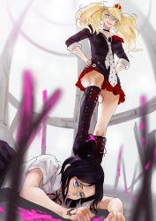 Rule 34 | 2girls, absurdres, bear hair ornament, black hair, black skirt, blonde hair, blood, blood from mouth, blood on hands, blood on shoes, bloody weapon, blouse, blue eyes, boots, bow, bowtie, bra, calf boots, collarbone, collared jacket, collared shirt, crown, danganronpa: trigger happy havoc, danganronpa (series), enoshima junko, fake nails, fingernails, freckles, hair ornament, hand on own hip, hand tattoo, hands on own hips, highres, ikusaba mukuro, jacket, leather, leather boots, looking at another, looking down, low angle, multiple girls, nail polish, neck ribbon, necktie, open mouth, pink blood, red bow, red nails, red skirt, ribbon, shirt, siblings, simple background, sisters, skirt, standing on person, stepped on, stepping on person, stepping on woman, tattoo, thighs, twins, twintails, underwear, weapon, white shirt