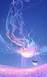 Rule 34 | 1girl, animal, artist name, blue hair, blue sky, bubble, commentary request, dress, falling, field, fish, floating, floating hair, flower, flower field, glowing, highres, huhv., jellyfish, light rays, long hair, ocean, original, outdoors, oversized animal, pink flower, scenery, sky, solo, surreal, water, white dress, wide shot