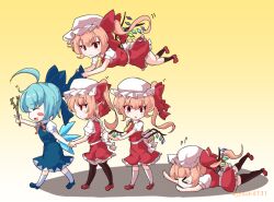 Rule 34 | 5girls, ahoge, black thighhighs, blonde hair, blue bow, blue dress, blue footwear, blush stickers, bow, branch, cirno, clone, crystal wings, dress, flandre scarlet, flying sweatdrops, four of a kind (touhou), gradient background, hair bow, hat, holding, holding branch, jyaoh0731, looking at viewer, mob cap, multiple girls, one side up, open mouth, pointy ears, red eyes, red footwear, red skirt, red vest, shirt, short sleeves, skirt, socks, thighhighs, touhou, vest, white hat, white shirt, white socks, yellow background