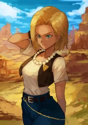 Rule 34 | 1girl, android 18, black vest, blonde hair, blue eyes, blue sky, closed mouth, commentary request, day, denim, desert, dragon ball, dragonball z, earrings, feet out of frame, gem, hand in own hair, highres, jewelry, looking at viewer, mountain, nasubin (nasubisamurai15), necklace, outdoors, pearl (gemstone), pearl necklace, pendant, rock, sand, scenery, shirt, short hair, short sleeves, sky, solo, vest, white shirt