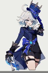 Rule 34 | 1girl, ahoge, ascot, asymmetrical gloves, black ascot, black gloves, black jacket, black shorts, blue eyes, blue hair, blue hat, blue ribbon, cropped legs, furina (genshin impact), genshin impact, gloves, gold trim, hand up, hat, hat ribbon, heterochromia, holding, holding sword, holding weapon, jacket, kodona, lolita fashion, merry-san, mismatched gloves, multicolored hair, ribbon, short hair, shorts, simple background, solo, streaked hair, sword, thigh strap, top hat, unfinished, vision (genshin impact), weapon, white gloves, white hair, yellow background