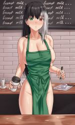 Rule 34 | 1girl, apron, bad id, bad pixiv id, barista, black hair, blush, bottomless, breasts, collarbone, commission, cup, green apron, green eyes, heterochromia, holding, holding cup, holding pen, iced latte with breast milk (meme), large breasts, long hair, looking at viewer, meme, multicolored hair, naked apron, original, pen, red eyes, sarhce, standing, thighs, topless, two-tone hair, white hair