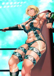 Rule 34 | 1girl, abs, absurdres, arm guards, armband, armpits, blonde hair, boots, breasts, brown eyes, cleavage, daikokuya3669, dark skin, green background, highres, large breasts, muscular, muscular female, navel, post, ring dream, rope, short hair, tattoo, thigh boots, thigh strap, thighhighs, wrestling outfit