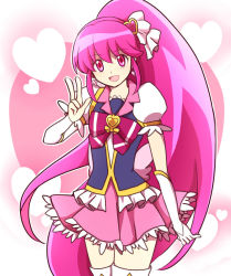 Rule 34 | 10s, 1girl, aino megumi, bad id, bad pixiv id, bow, brooch, cure lovely, hair ornament, happinesscharge precure!, heart, heart brooch, heart hair ornament, kuroi paseri, long hair, looking at viewer, magical girl, open mouth, pink bow, pink eyes, pink hair, pink skirt, ponytail, precure, skirt, solo, thighhighs, v, very long hair, wide ponytail