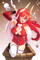 Rule 34 | 1girl, absurdres, blush, breasts, chimney, cleavage, cleavage cutout, clothing cutout, demon girl, detached sleeves, hat, highres, horns, large breasts, nishii (damnedrive), nitroplus, official art, open mouth, pointy ears, purple eyes, red hair, sack, santa costume, santa hat, satan (sin nanatsu no taizai), satan (the seven deadly sins), scan, scarf, sin nanatsu no taizai, snowing, solo, the seven deadly sins, thighhighs, zettai ryouiki