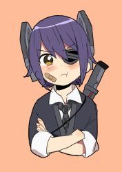 Rule 34 | 10s, 1girl, :t, bad id, bad pixiv id, bandaid, bandaid on face, blush, collared shirt, crossed arms, eyepatch, headgear, imperial japanese navy, ishihara saika, kantai collection, looking at viewer, necktie, orange background, pout, purple hair, scabbard, school uniform, sheath, shirt, short hair, simple background, sleeves past elbows, solo, tenryuu (kancolle), upper body, white shirt, yellow eyes