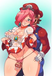 Rule 34 | 1boy, 1girl, blue eyes, blush, breasts, breasts squeezed together, clitoris, crossover, cum, cum on legs, drcockula, ear piercing, facial hair, final fantasy, gloves, grabbing, grabbing another&#039;s breast, highres, leg grab, mario, mario (series), mario basketball 3on3, medium breasts, mustache, navel, nintendo, nipples, overalls, panties, piercing, pink hair, sex, sex from behind, square enix, thick thighs, thigh grab, thigh sex, thighs, underwear, white mage (final fantasy), wide hips
