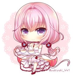 Rule 34 | 1girl, bare shoulders, blush, character request, chibi, closed mouth, commentary request, cup, dress, elbow gloves, full body, gloves, hair between eyes, halterneck, holding, holding tray, looking at viewer, low twintails, pink hair, purple eyes, red footwear, shironeko project, shoes, sidelocks, single thighhigh, sleeveless, sleeveless dress, smile, solo, standing, standing on one leg, tea, teacup, thighhighs, tray, twintails, twitter username, white background, white dress, white gloves, white thighhighs, yukiyuki 441