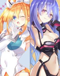 Rule 34 | 2girls, ;d, arm up, armpits, bare shoulders, black gloves, black leotard, blue eyes, blue hair, blush, breasts, choujigen taisen neptune vs sega hard girls, cleavage, covered navel, earrings, elbow gloves, from side, gloves, gradient hair, hair between eyes, hair rings, hand on own cheek, hand on own face, hand to own mouth, hand up, hat, highres, iris heart, jewelry, large breasts, leotard, long hair, looking at viewer, medium breasts, midriff, moya 44444, multicolored hair, multiple girls, navel, neptune (series), nurse cap, one eye closed, open mouth, orange hair, orange heart (neptunia), power symbol, power symbol-shaped pupils, purple hair, revealing clothes, skin tight, smile, symbol-shaped pupils, twintails, very long hair, white gloves, white leotard