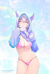 Rule 34 | 1girl, bare shoulders, bell, bikini, blue hair, blush, breasts, bubble, from side, ganyu (genshin impact), genshin impact, half-closed eyes, jacket, large breasts, light particles, navel, open clothes, patreon username, purple eyes, solo, swimsuit, yugen99