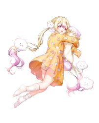Rule 34 | 10s, 1girl, :d, animal print, asymmetrical footwear, blonde hair, closed mouth, cloud, cloud print, frilled pillow, frills, from behind, full body, hair between eyes, highres, long hair, mahou shoujo ikusei keikaku, mahou shoujo ikusei keikaku unmarked, marmoset0, mismatched footwear, nemurin, nemurin (mahoiku), hugging object, open mouth, pajamas, pillow, pillow hug, pink eyes, pink hair, rabbit print, simple background, sleeves past wrists, smile, socks, solo, twintails, very long hair, white background, white socks, | |