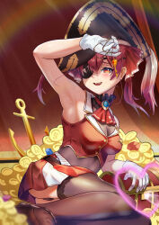 Rule 34 | 1girl, absurdres, arm up, armpits, ascot, black choker, black hat, black thighhighs, breasts, choker, cleavage, coin, cropped jacket, eyepatch, frilled choker, frills, gloves, gold coin, hair ribbon, hat, highres, holding, holding key, hololive, houshou marine, houshou marine (1st costume), jacket, key, kurere1202, lace, lace-trimmed legwear, lace trim, large breasts, leotard, leotard under clothes, long hair, miniskirt, open mouth, pirate hat, pleated skirt, red ascot, red eyes, red hair, red jacket, red ribbon, red skirt, ribbon, skirt, sleeveless, sleeveless jacket, smile, solo, thighhighs, treasure chest, twintails, virtual youtuber, white gloves